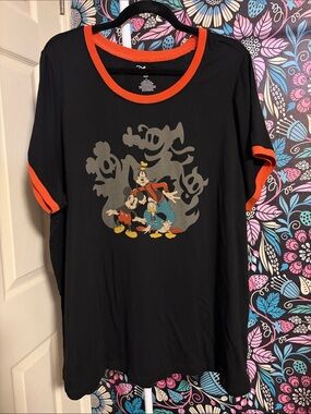 Disney Black Short-Sleeve Tee with Orange Trim and Retro Character Graphic
